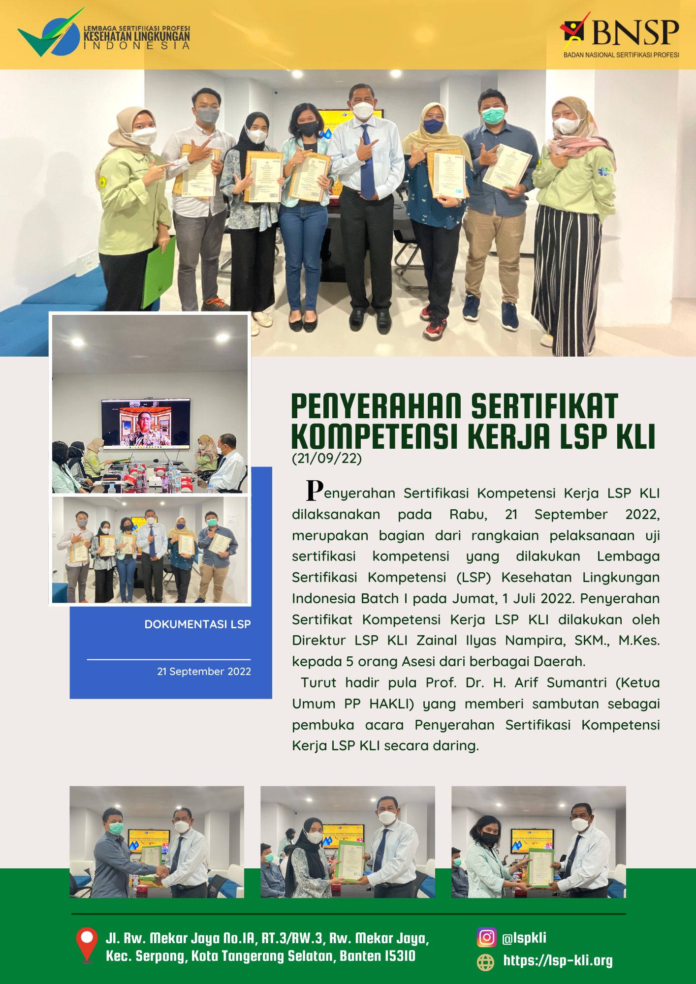 PENYERAHAN SERTIFIKAT KOMPETENSI KERJA LSP KLI BATCH I